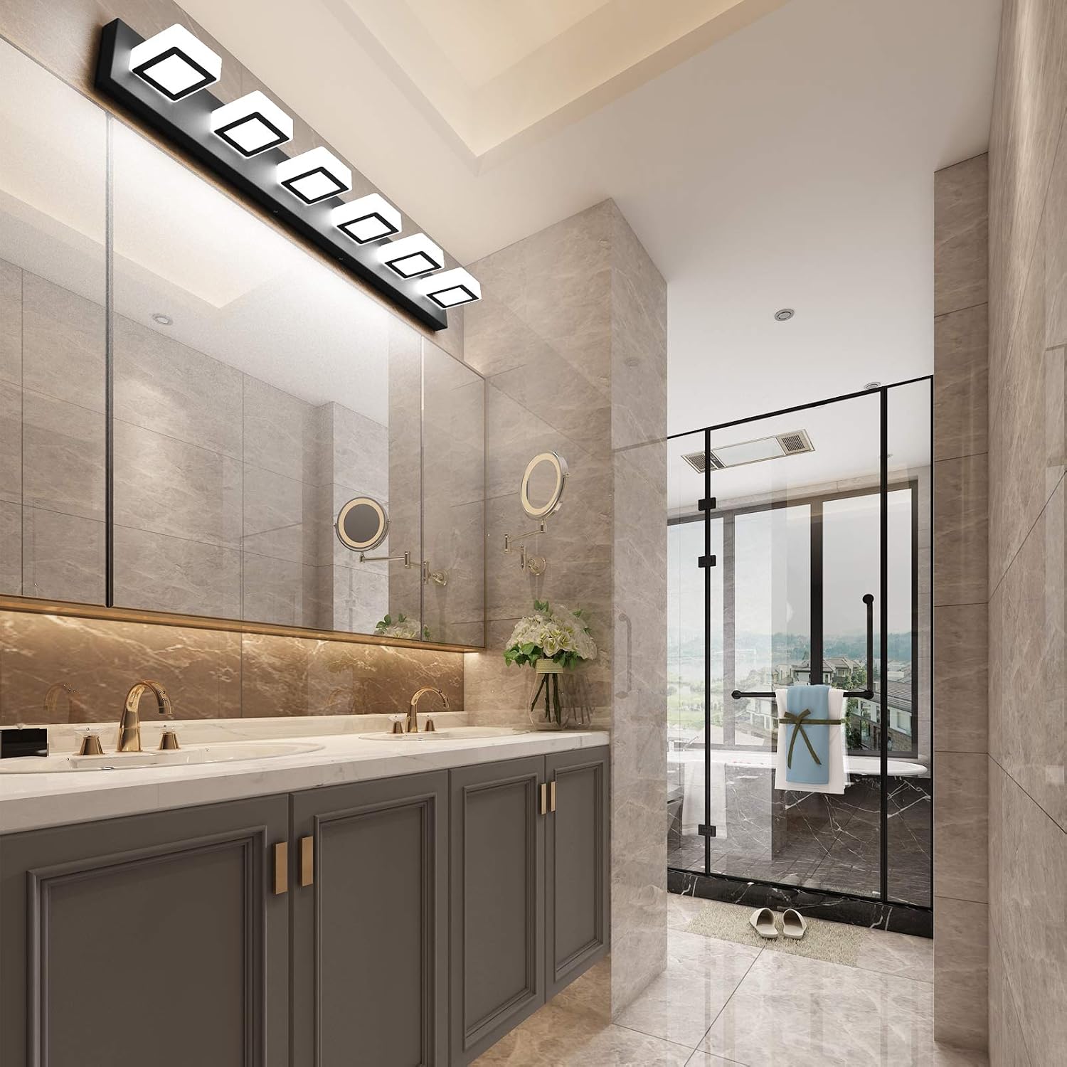 Six-light matte black acrylic vanity fixture with modern minimalist design — view 3