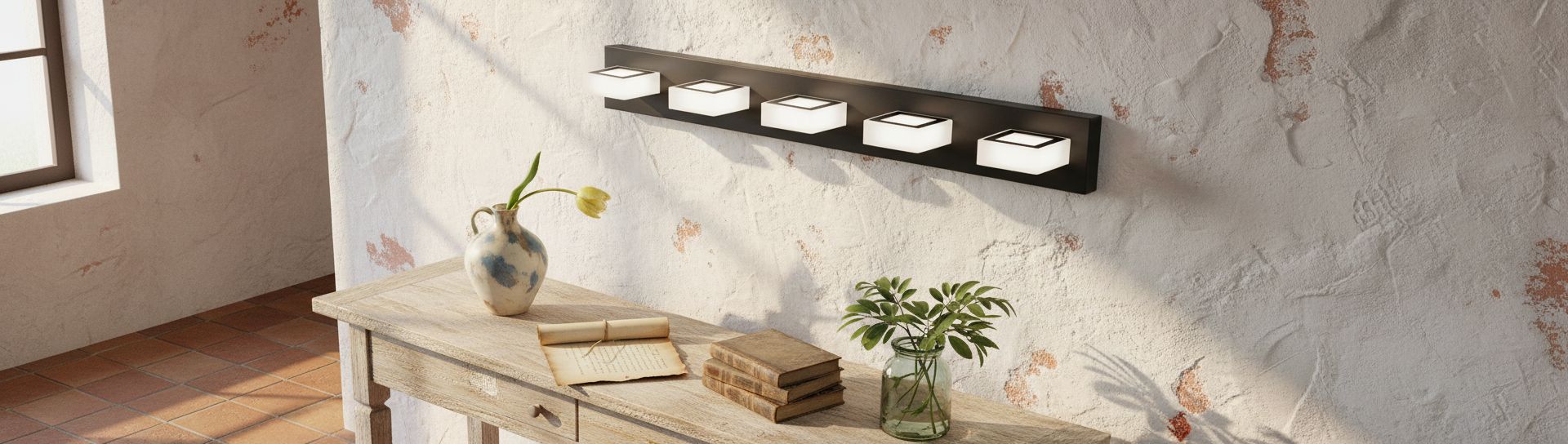 Six-light matte black acrylic vanity fixture with modern minimalist design — view 3a