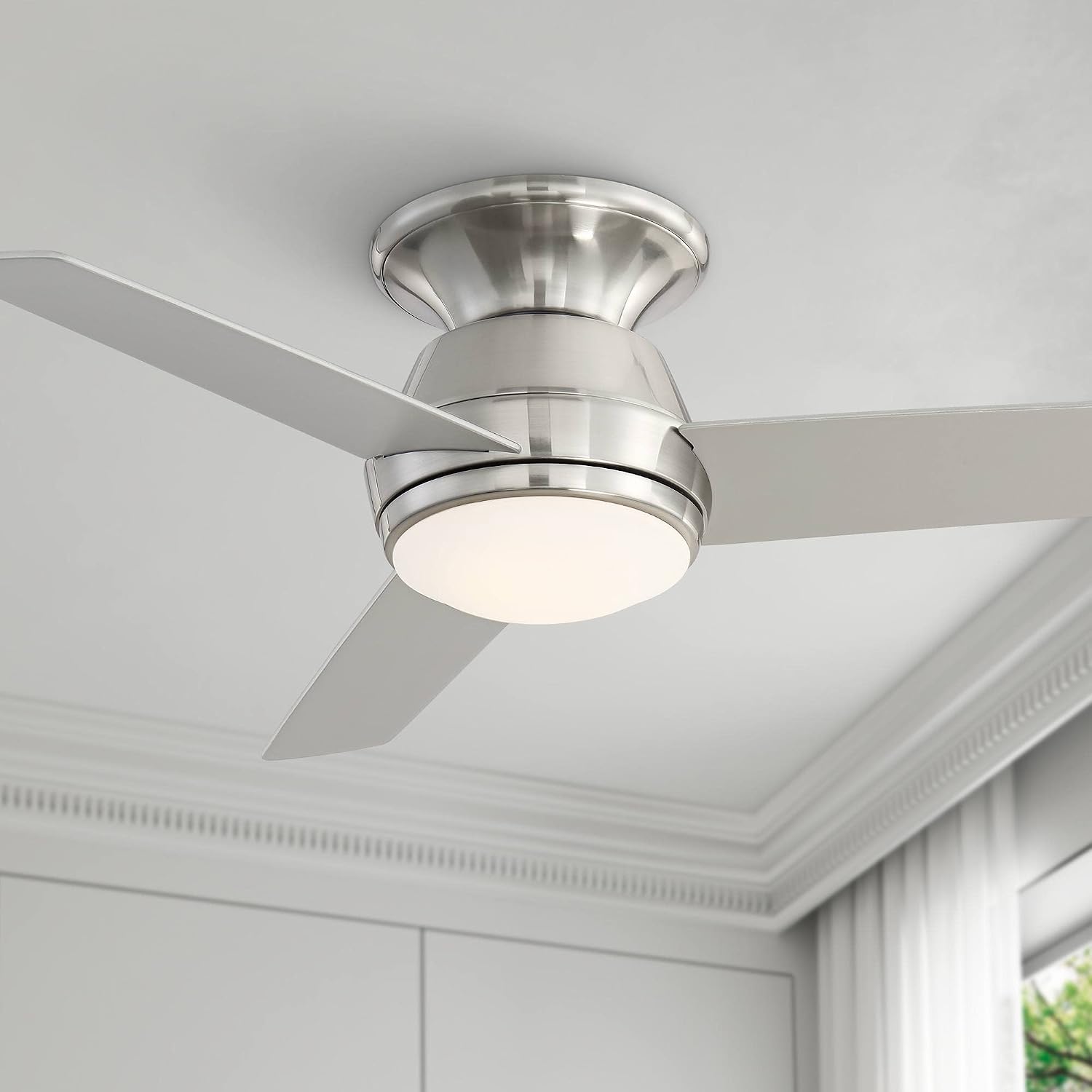 44-inch hugger ceiling fan with brushed nickel finish and opal glass light fixture, shown in [color] setting against [room background] — front