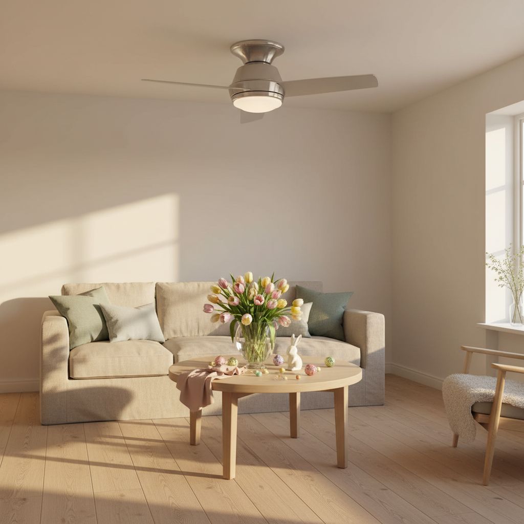 44-inch hugger ceiling fan with brushed nickel finish and opal glass light fixture, shown in [color] setting against [room background] — view 4