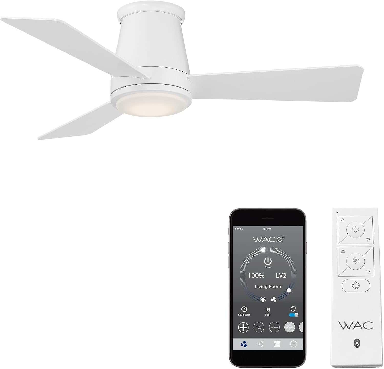 Matte white aluminum flush mount ceiling fan with three blades shown from below against ceiling in modern living room setting — front