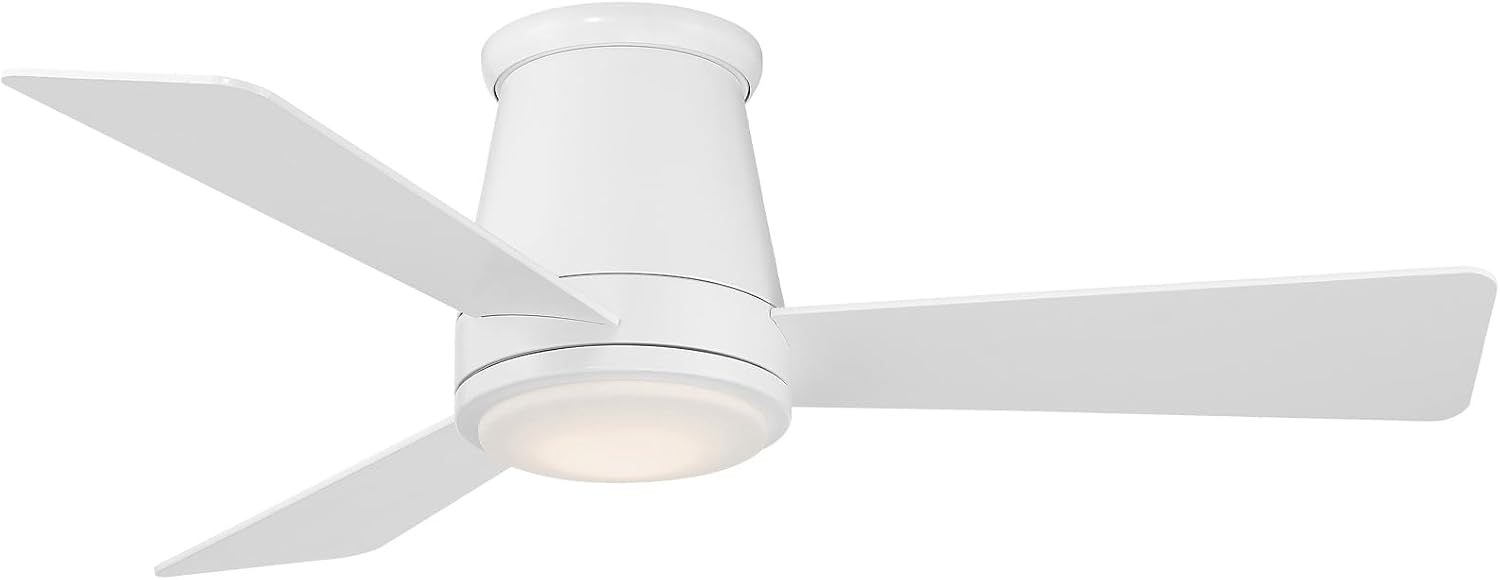 Matte white aluminum flush mount ceiling fan with three blades shown from below against ceiling in modern living room setting — side