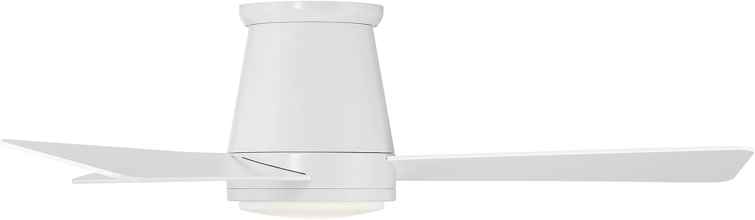 Matte white aluminum flush mount ceiling fan with three blades shown from below against ceiling in modern living room setting — view 3