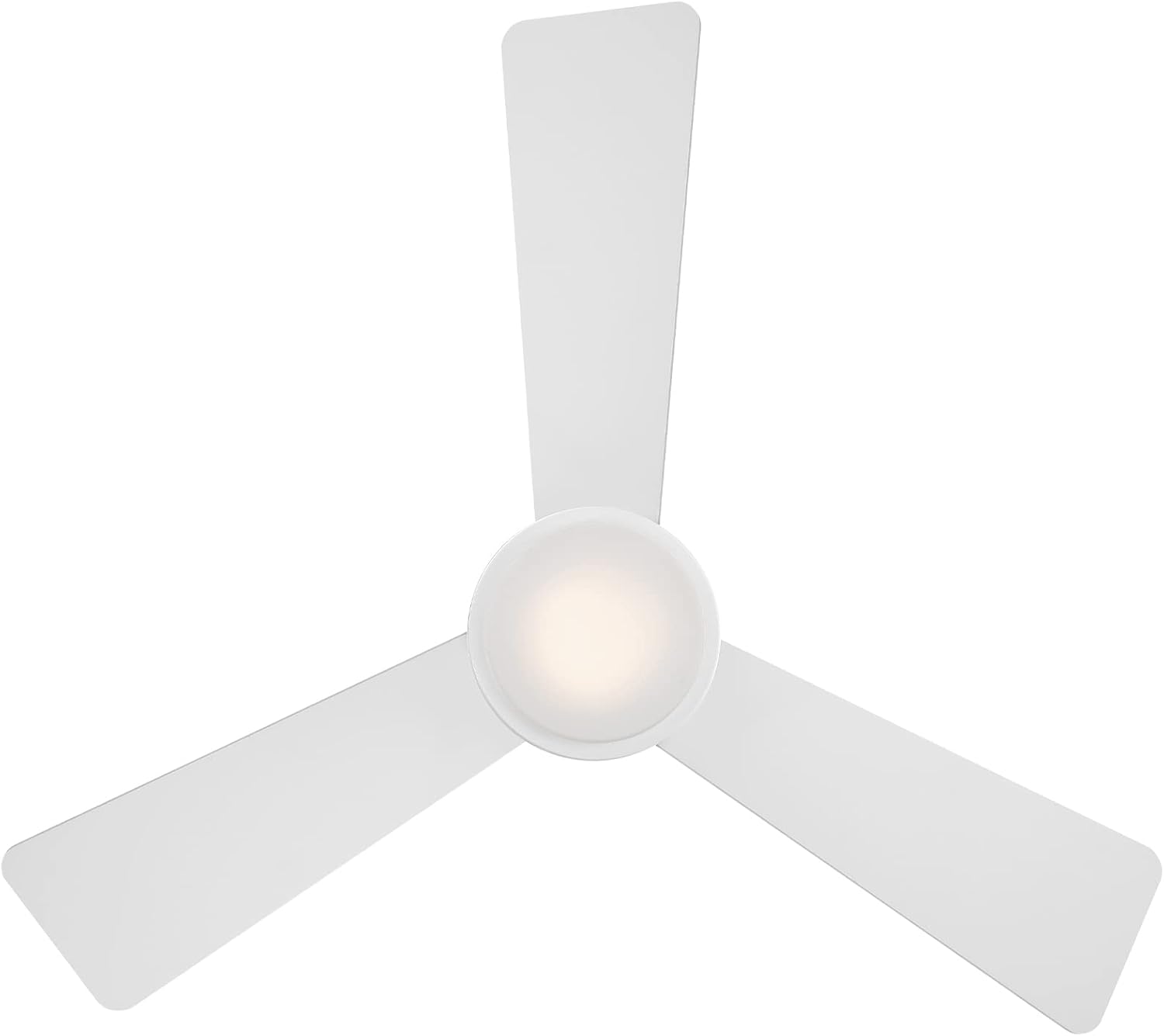 Matte white aluminum flush mount ceiling fan with three blades shown from below against ceiling in modern living room setting — view 4