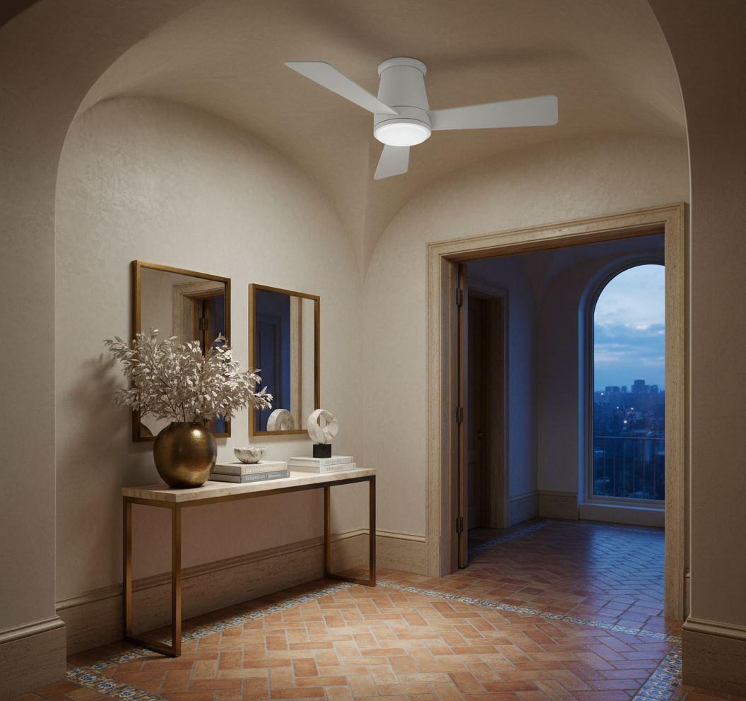 Matte white aluminum flush mount ceiling fan with three blades shown from below against ceiling in modern living room setting — view 5b