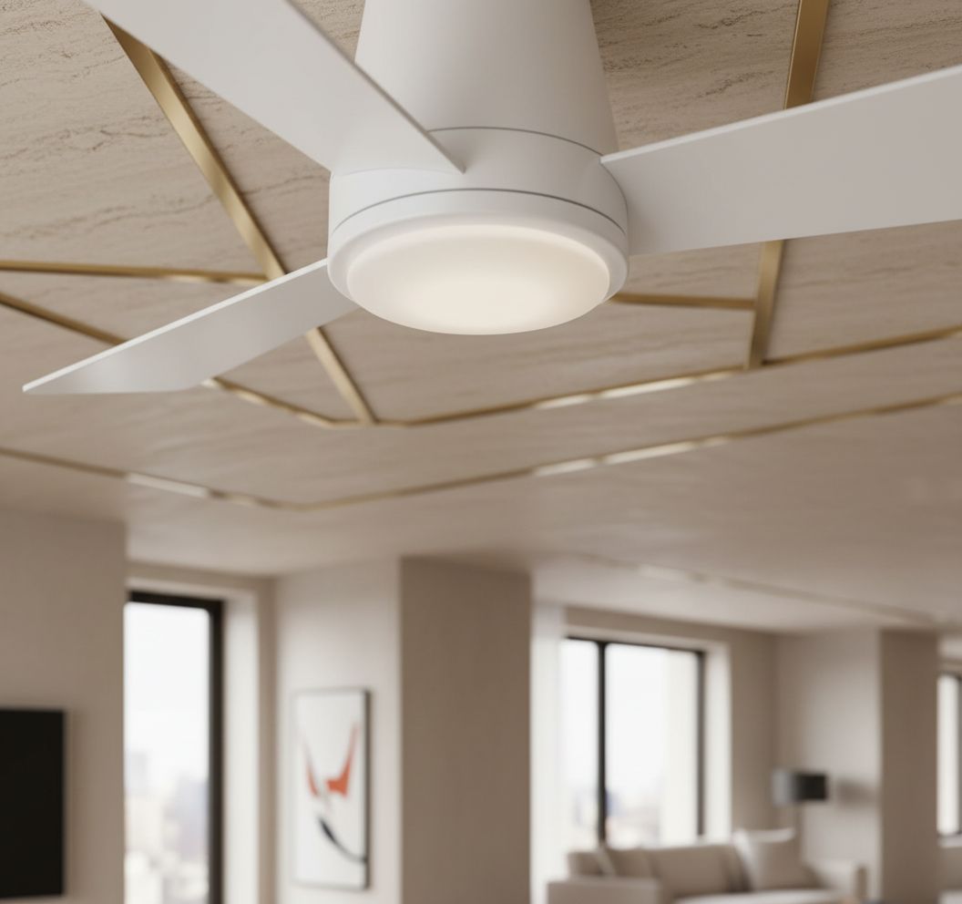 Matte white aluminum flush mount ceiling fan with three blades shown from below against ceiling in modern living room setting — view 7