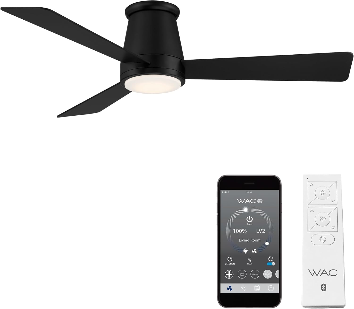 Matte white aluminum flush mount ceiling fan with three blades shown from below against ceiling in modern living room setting — view 2