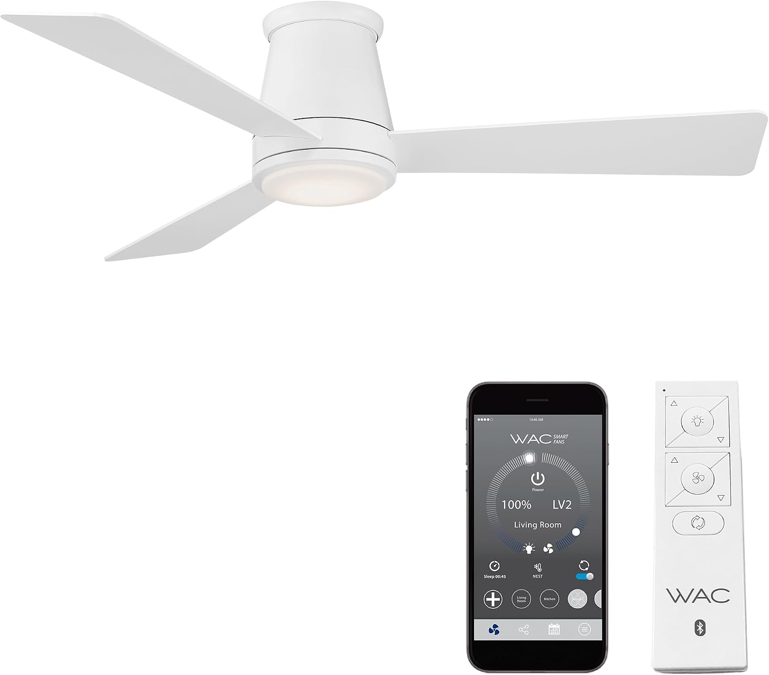 Minimalist matte white aluminum flush mount ceiling fan with three metal blades, viewed from below against neutral ceiling — front