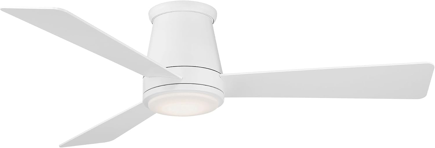 Minimalist matte white aluminum flush mount ceiling fan with three metal blades, viewed from below against neutral ceiling — side