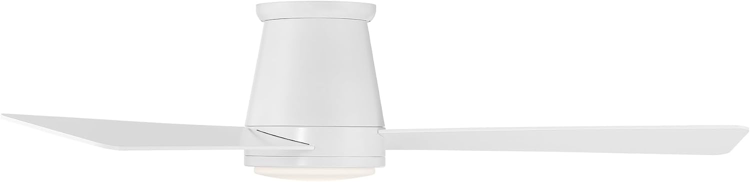 Minimalist matte white aluminum flush mount ceiling fan with three metal blades, viewed from below against neutral ceiling — view 3