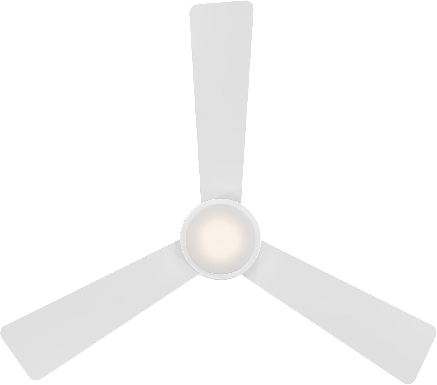 Minimalist matte white aluminum flush mount ceiling fan with three metal blades, viewed from below against neutral ceiling — view 4