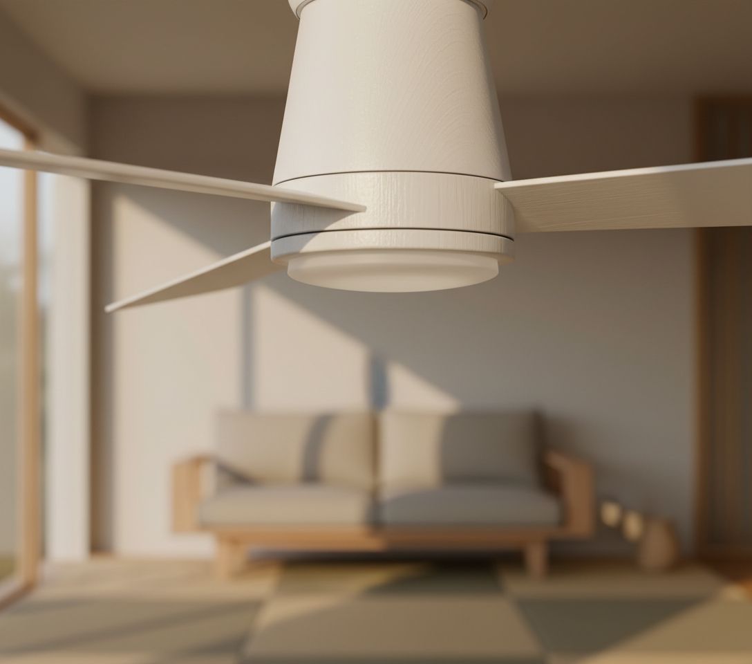 Minimalist matte white aluminum flush mount ceiling fan with three metal blades, viewed from below against neutral ceiling — view 5b