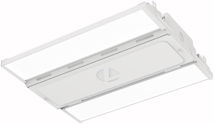 Industrial metal high bay LED ceiling light with cool daylight 5000K output, mounted fixture for garage or warehouse — front