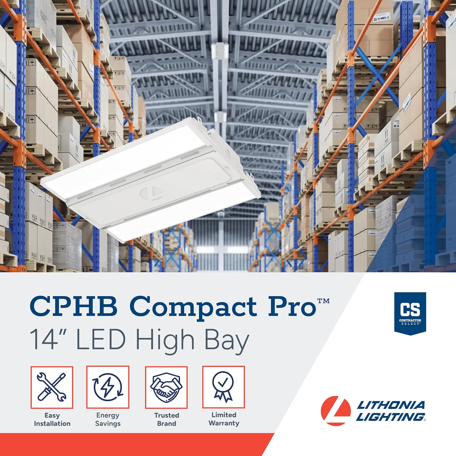 Industrial metal high bay LED ceiling light with cool daylight 5000K output, mounted fixture for garage or warehouse — side