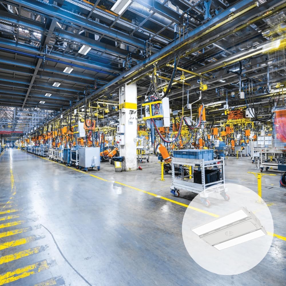 Industrial metal high bay LED ceiling light with cool daylight 5000K output, mounted fixture for garage or warehouse — view 3b