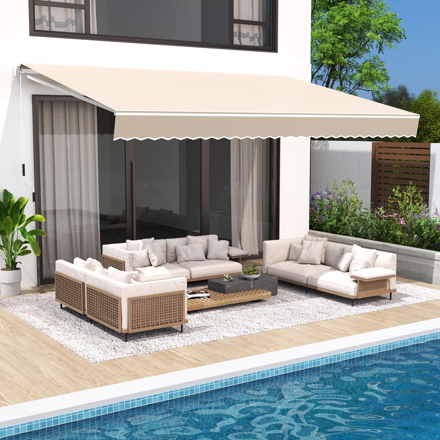 {{color}} retractable patio awning with polyester fabric and metal frame, extended over outdoor deck — front
