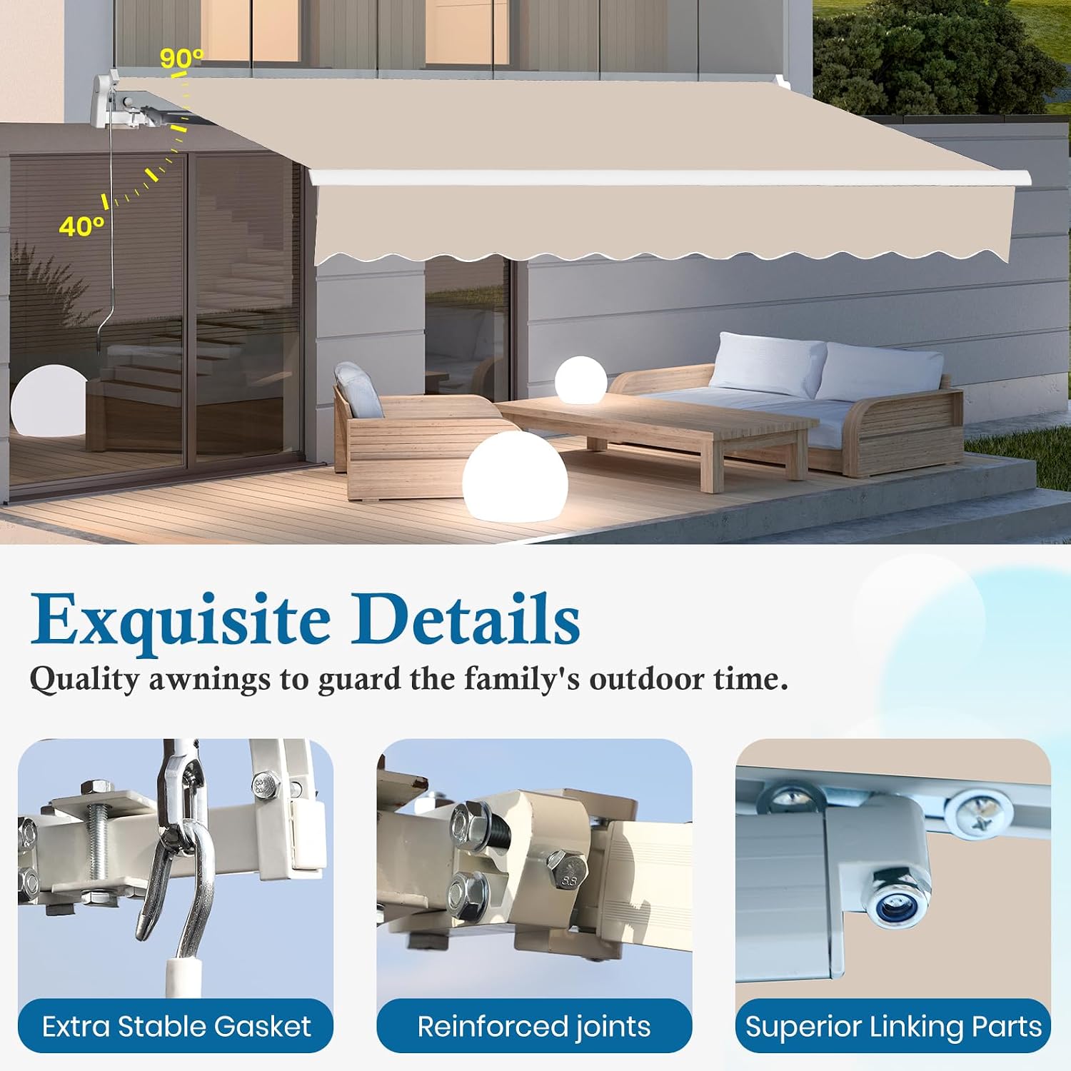 {{color}} retractable patio awning with polyester fabric and metal frame, extended over outdoor deck — detail