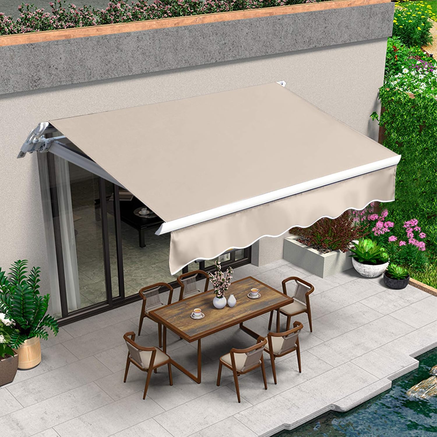 {{color}} retractable patio awning with polyester fabric and metal frame, extended over outdoor deck — view 5