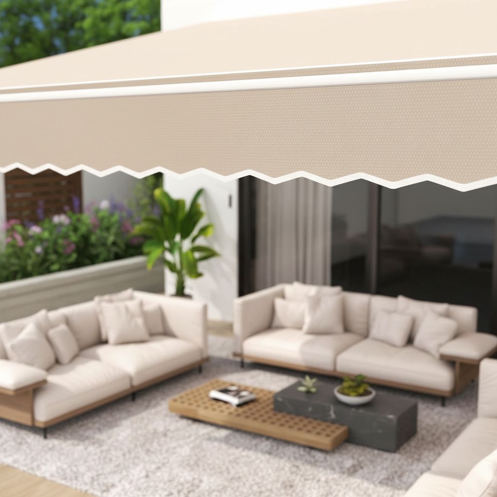 {{color}} retractable patio awning with polyester fabric and metal frame, extended over outdoor deck — view 7