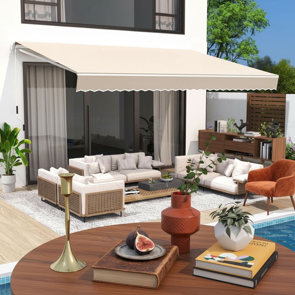 {{color}} retractable patio awning with polyester fabric and metal frame, extended over outdoor deck — view 2