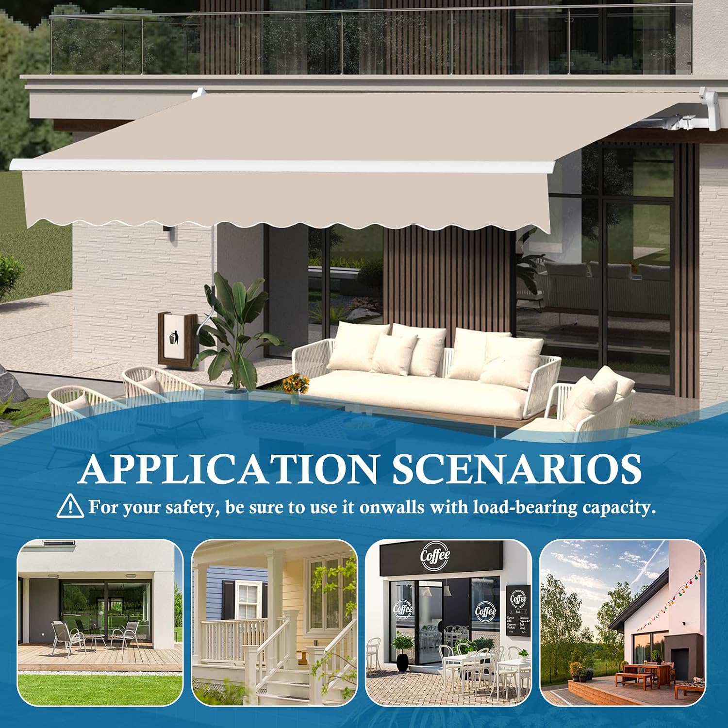 {{color}} retractable patio awning with polyester fabric and metal frame, extended over outdoor deck — view 3a