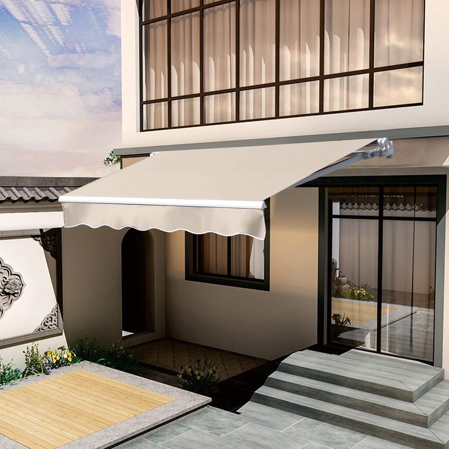{{color}} retractable patio awning with polyester fabric and metal frame, extended over outdoor deck — view 4