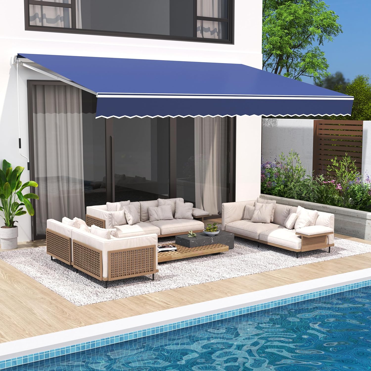 {{color}} retractable patio awning with polyester fabric and metal frame, extended over outdoor deck — view 5a