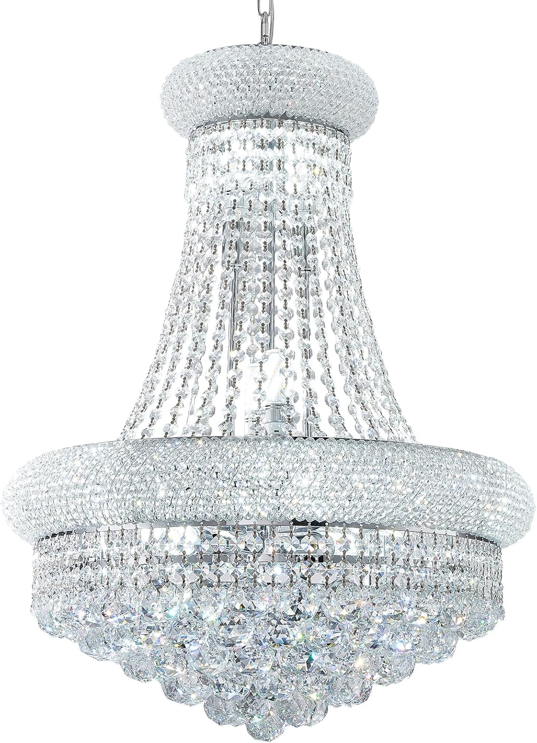 12-light chrome and crystal chandelier with brass accents, empire-style frame, 22 inch diameter — front