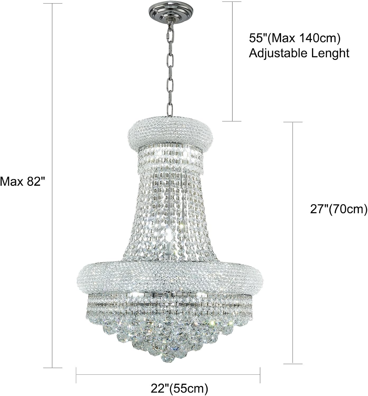 12-light chrome and crystal chandelier with brass accents, empire-style frame, 22 inch diameter — back