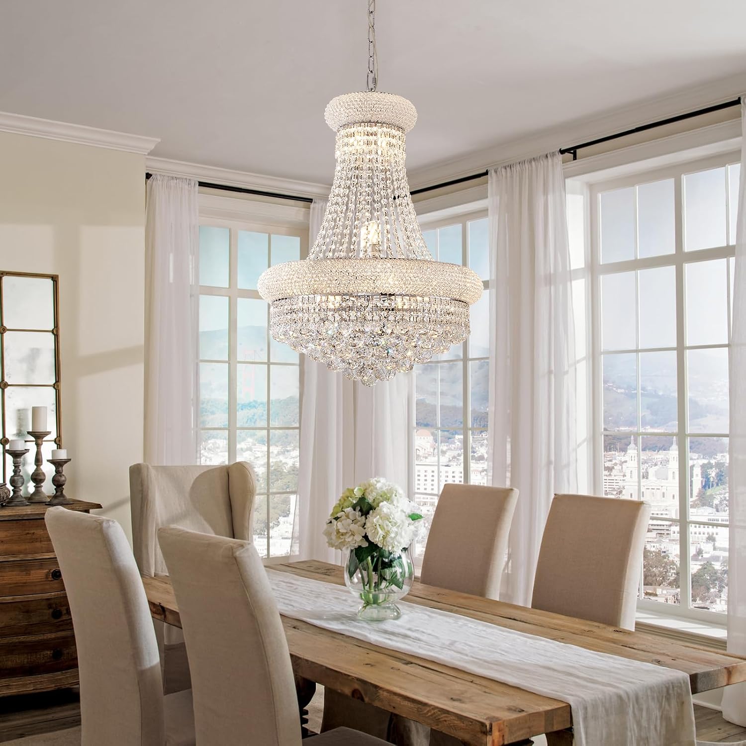 12-light chrome and crystal chandelier with brass accents, empire-style frame, 22 inch diameter — view 3