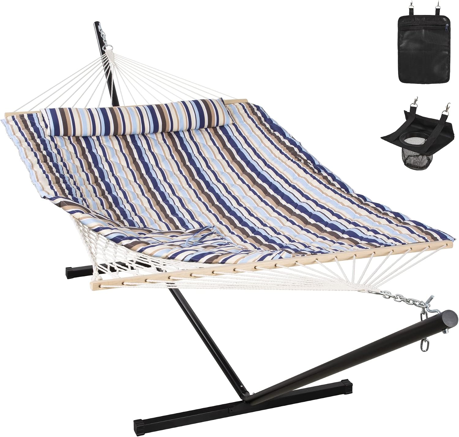 Cool blue fabric double hammock with metal stand frame, includes detachable pillow and pad — view 1