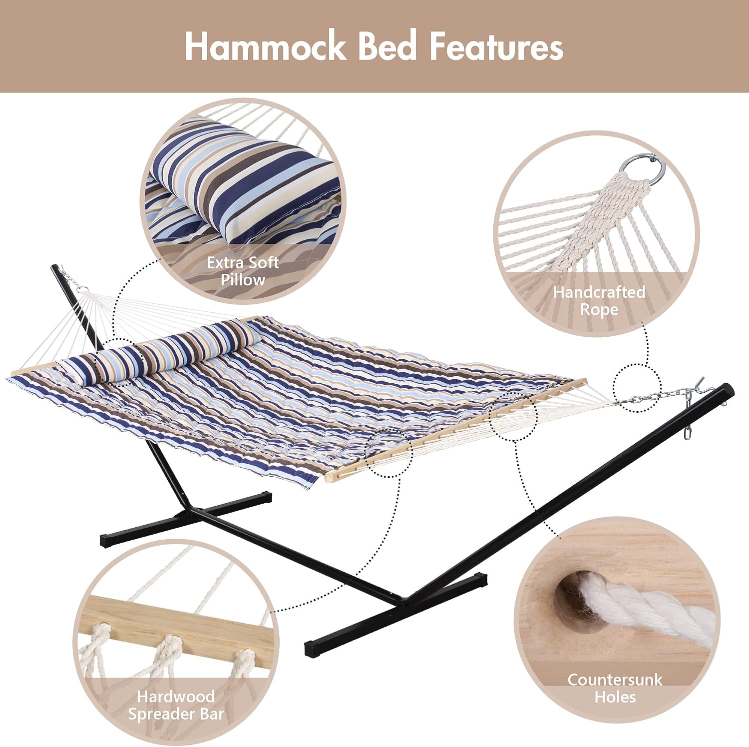 Cool blue fabric double hammock with metal stand frame, includes detachable pillow and pad — view 3
