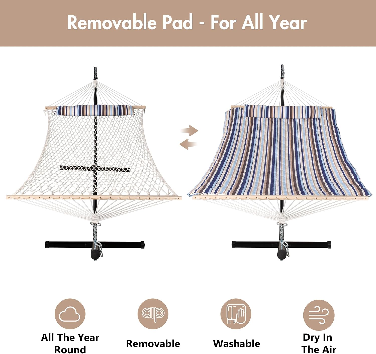 Cool blue fabric double hammock with metal stand frame, includes detachable pillow and pad — view 2