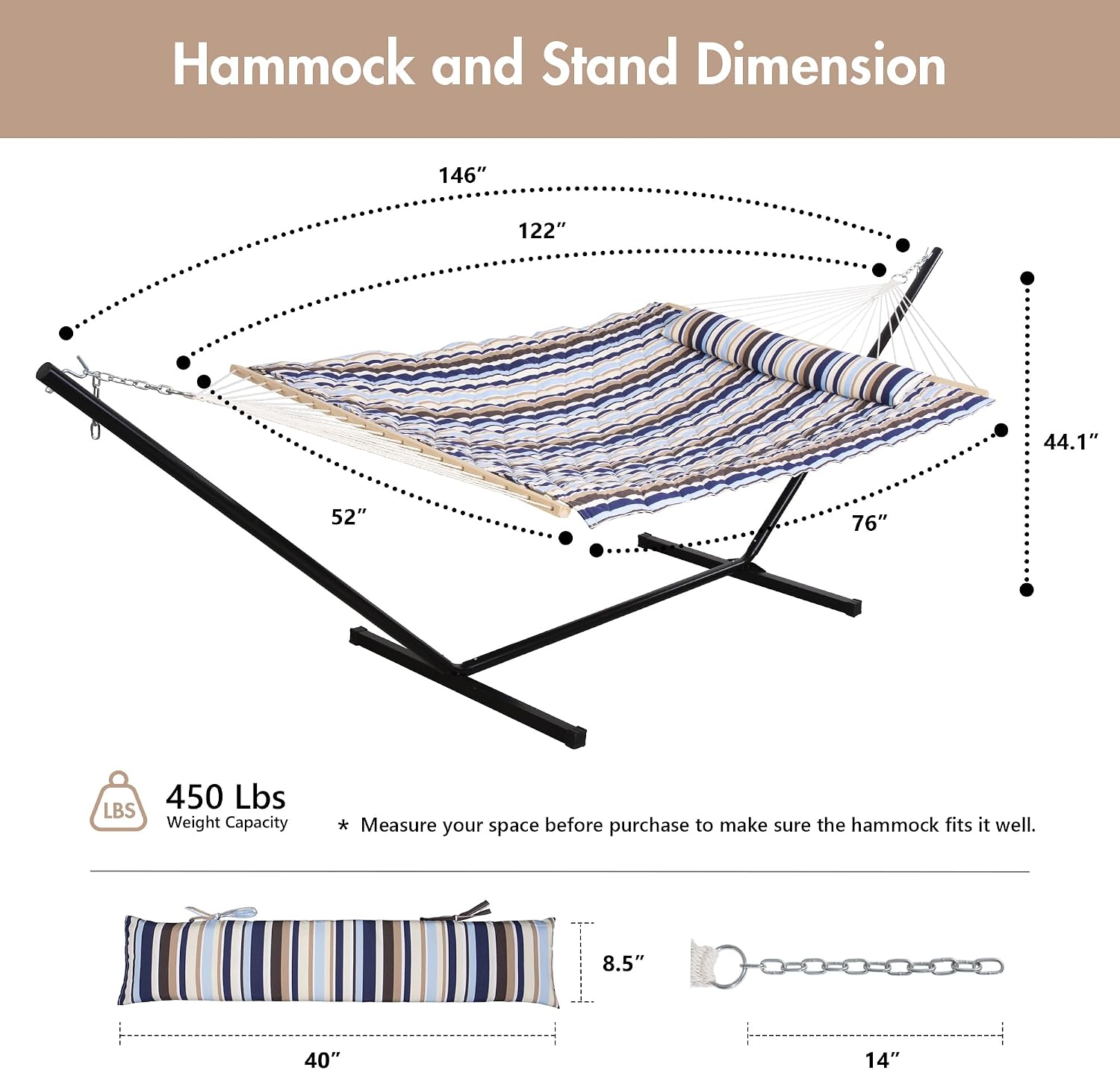 Cool blue fabric double hammock with metal stand frame, includes detachable pillow and pad — view 3