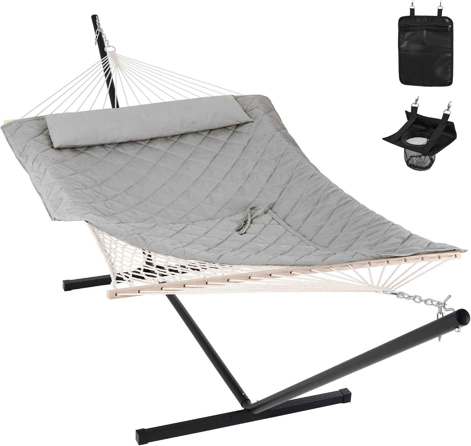 Cool blue fabric double hammock with metal stand frame, includes detachable pillow and pad — view 5