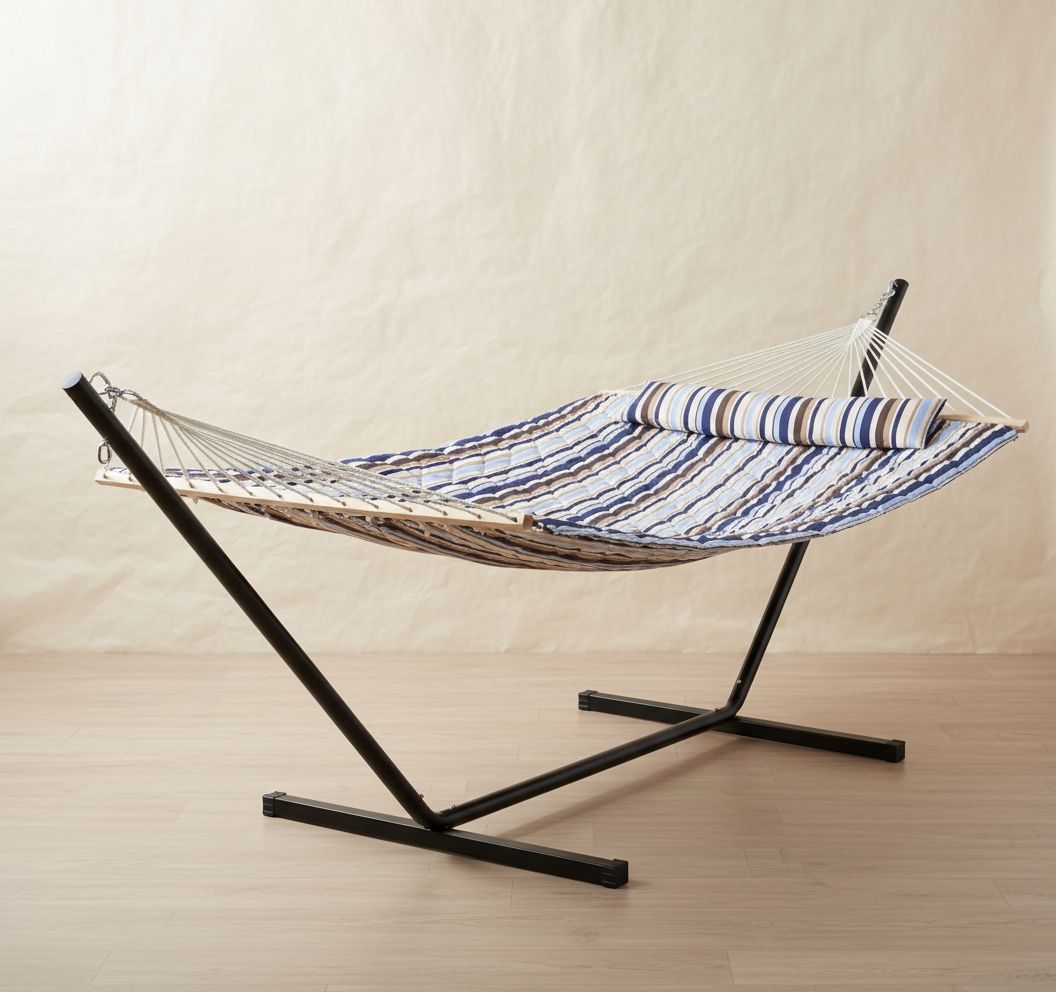 Cool blue fabric double hammock with metal stand frame, includes detachable pillow and pad — hero view 1