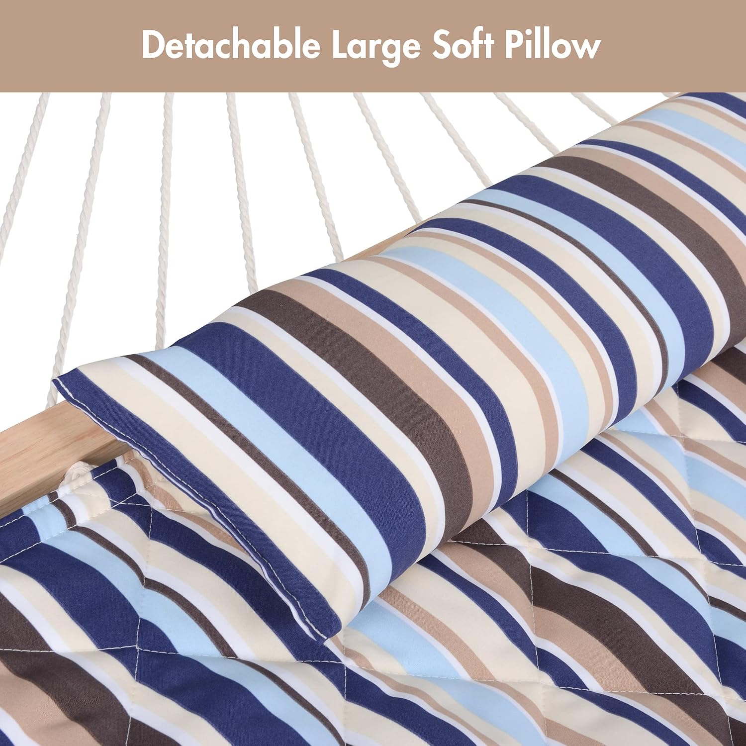 Cool blue fabric double hammock with metal stand frame, includes detachable pillow and pad — view 5b