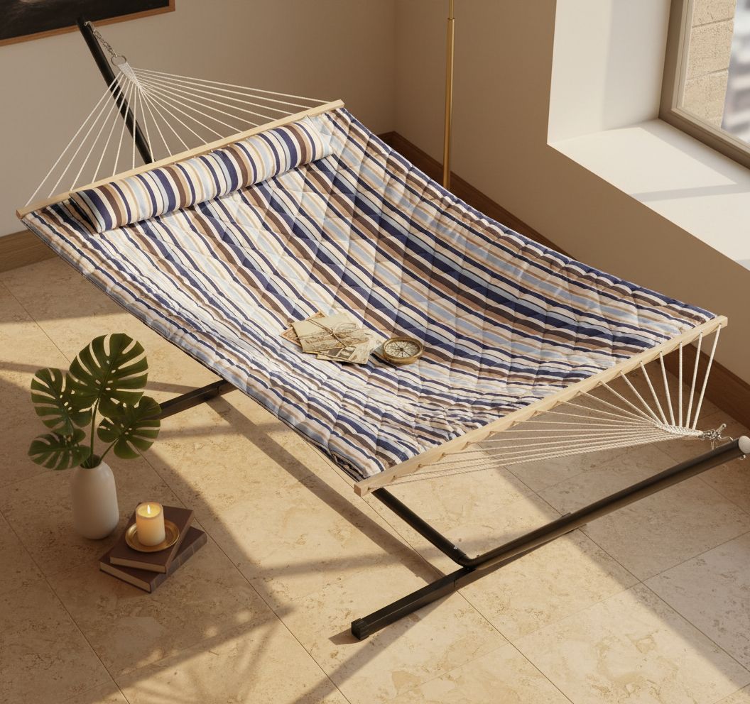 Cool blue fabric double hammock with metal stand frame, includes detachable pillow and pad — view 3a