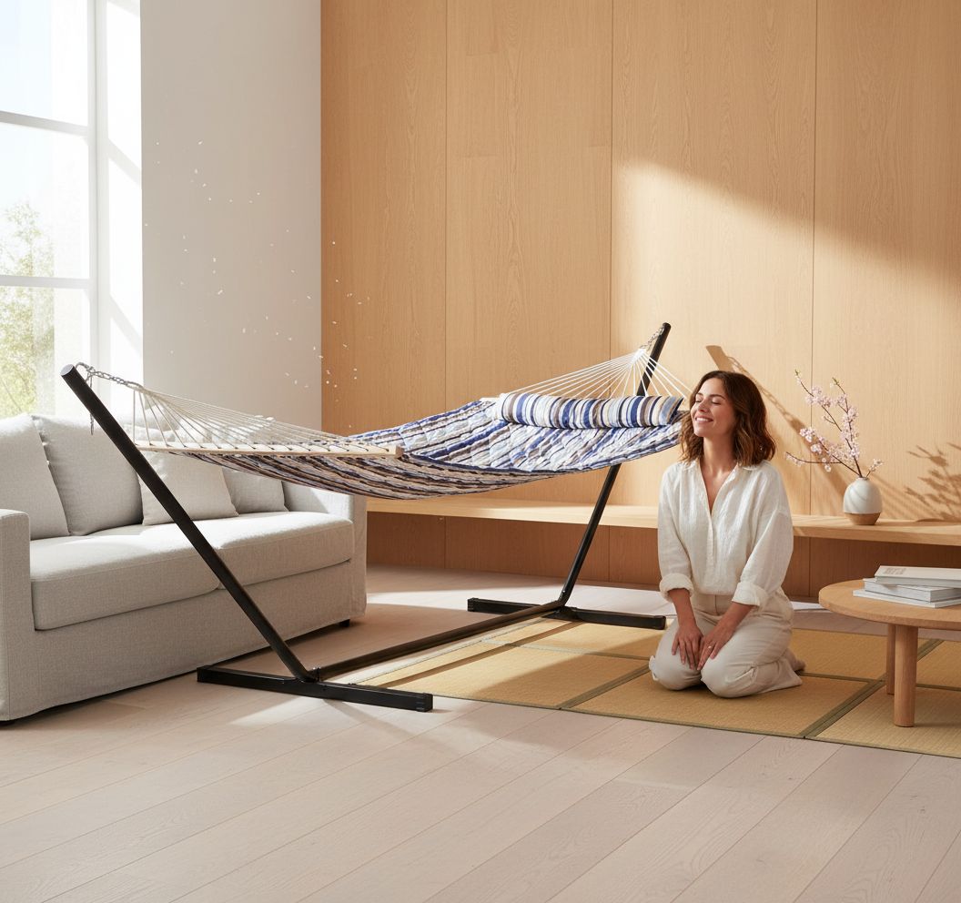 Cool blue fabric double hammock with metal stand frame, includes detachable pillow and pad — view 6