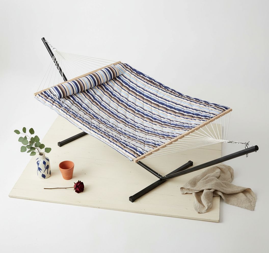 Cool blue fabric double hammock with metal stand frame, includes detachable pillow and pad — hero view 2