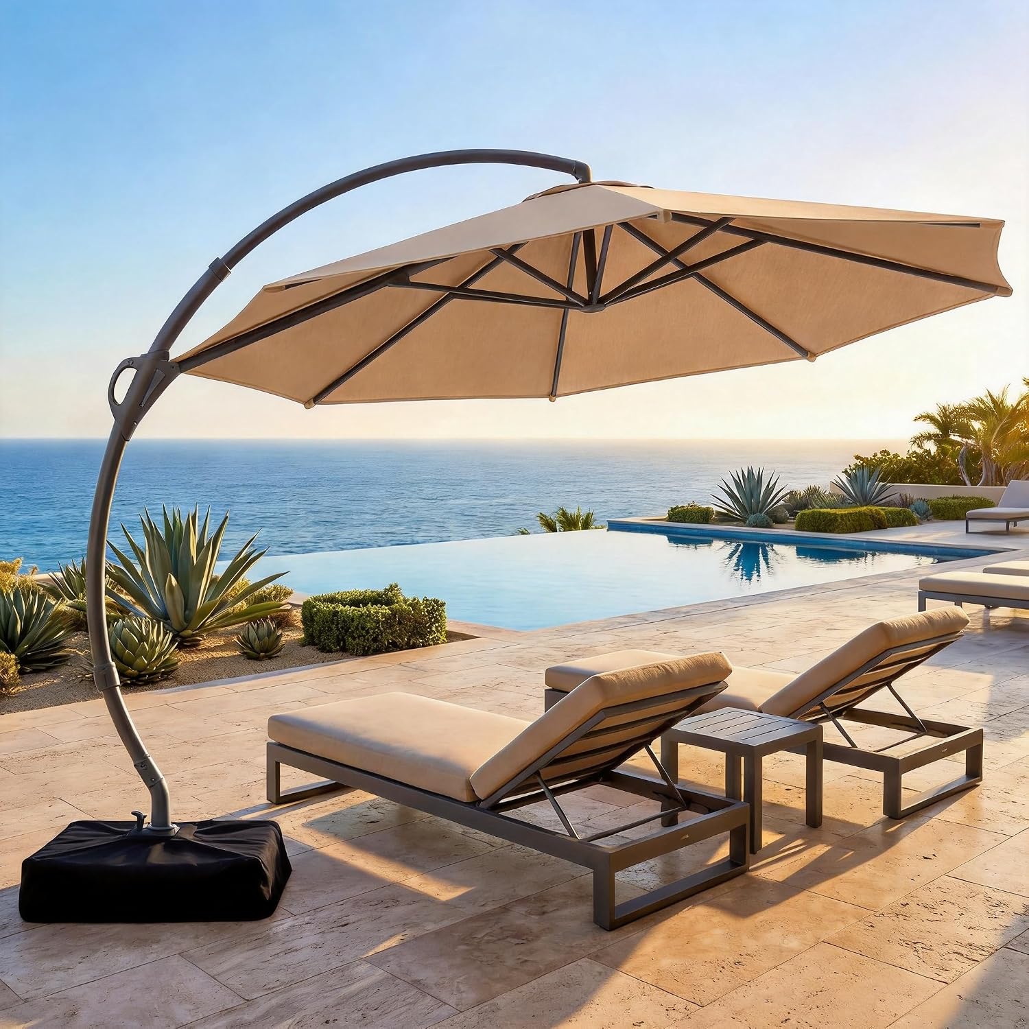 [Color] cantilever patio umbrella with metal frame and weighted base, shown from [angle] view in outdoor setting — view 1