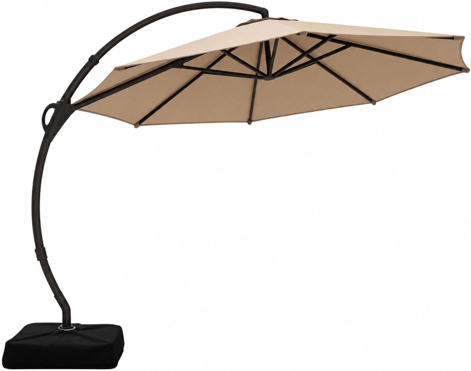 [Color] cantilever patio umbrella with metal frame and weighted base, shown from [angle] view in outdoor setting — view 2