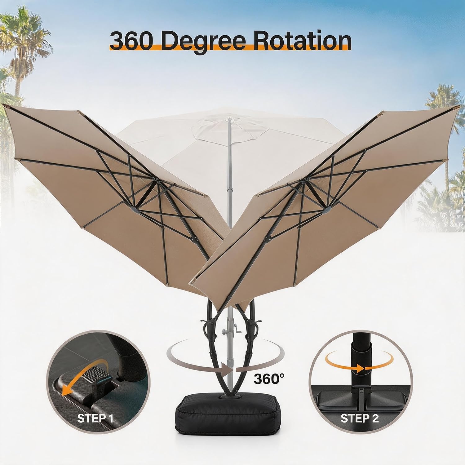 [Color] cantilever patio umbrella with metal frame and weighted base, shown from [angle] view in outdoor setting — view 3