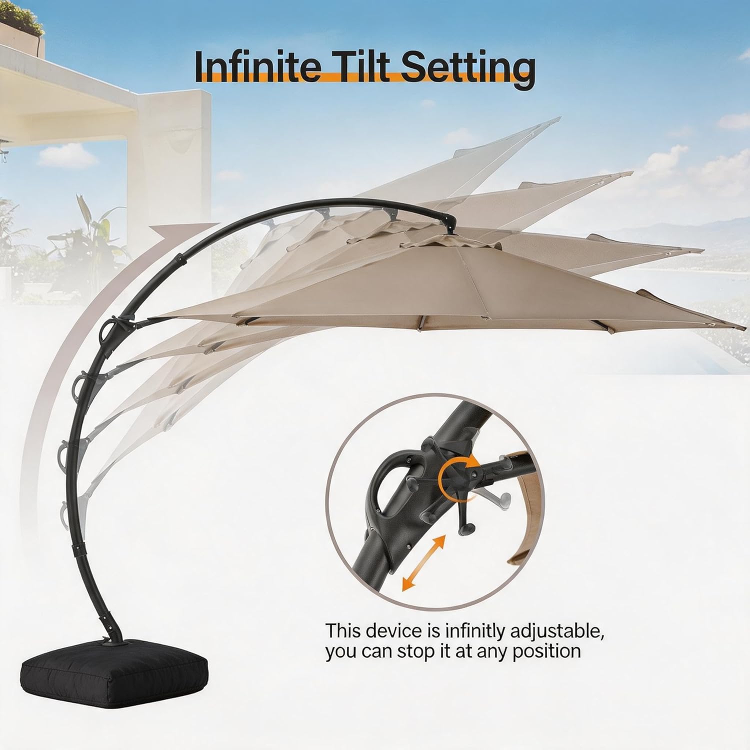 [Color] cantilever patio umbrella with metal frame and weighted base, shown from [angle] view in outdoor setting — view 2