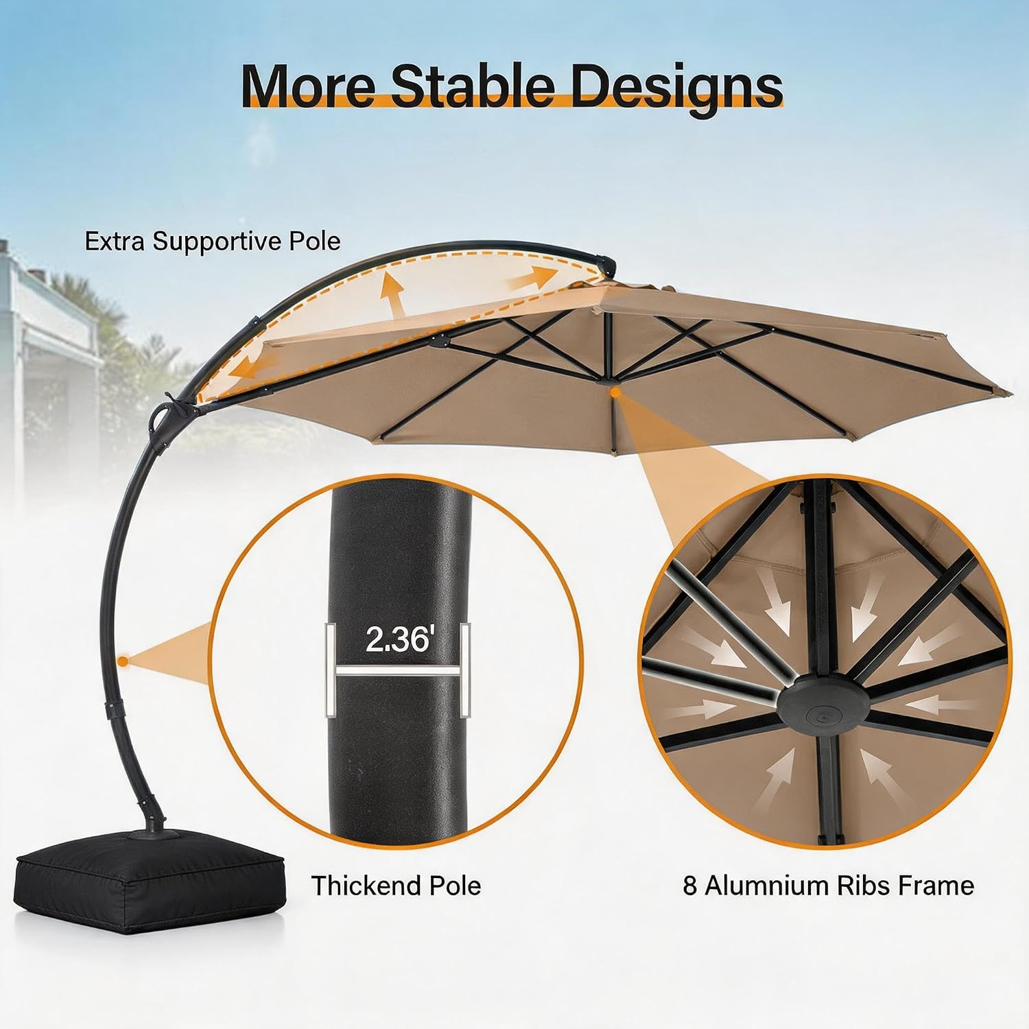 [Color] cantilever patio umbrella with metal frame and weighted base, shown from [angle] view in outdoor setting — view 3