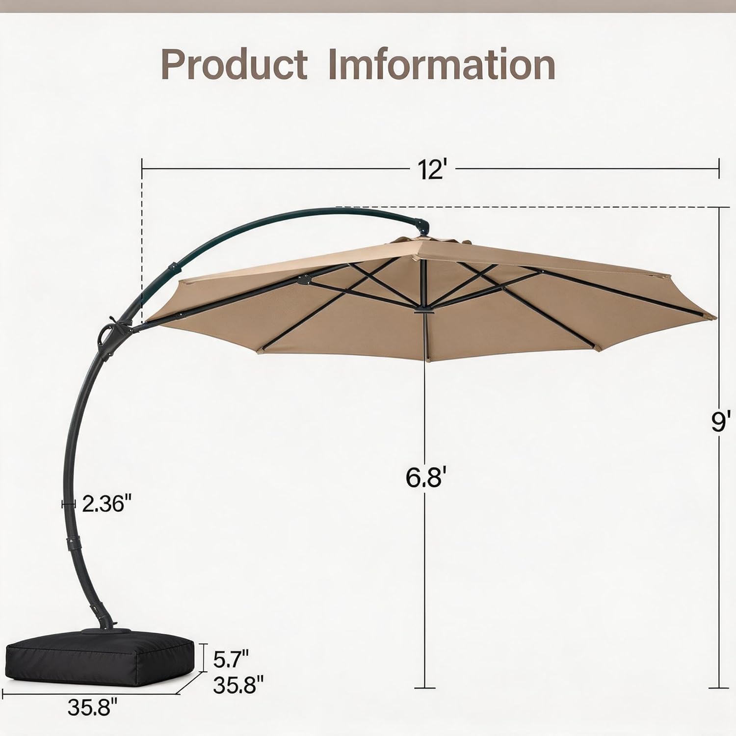 [Color] cantilever patio umbrella with metal frame and weighted base, shown from [angle] view in outdoor setting — view 5