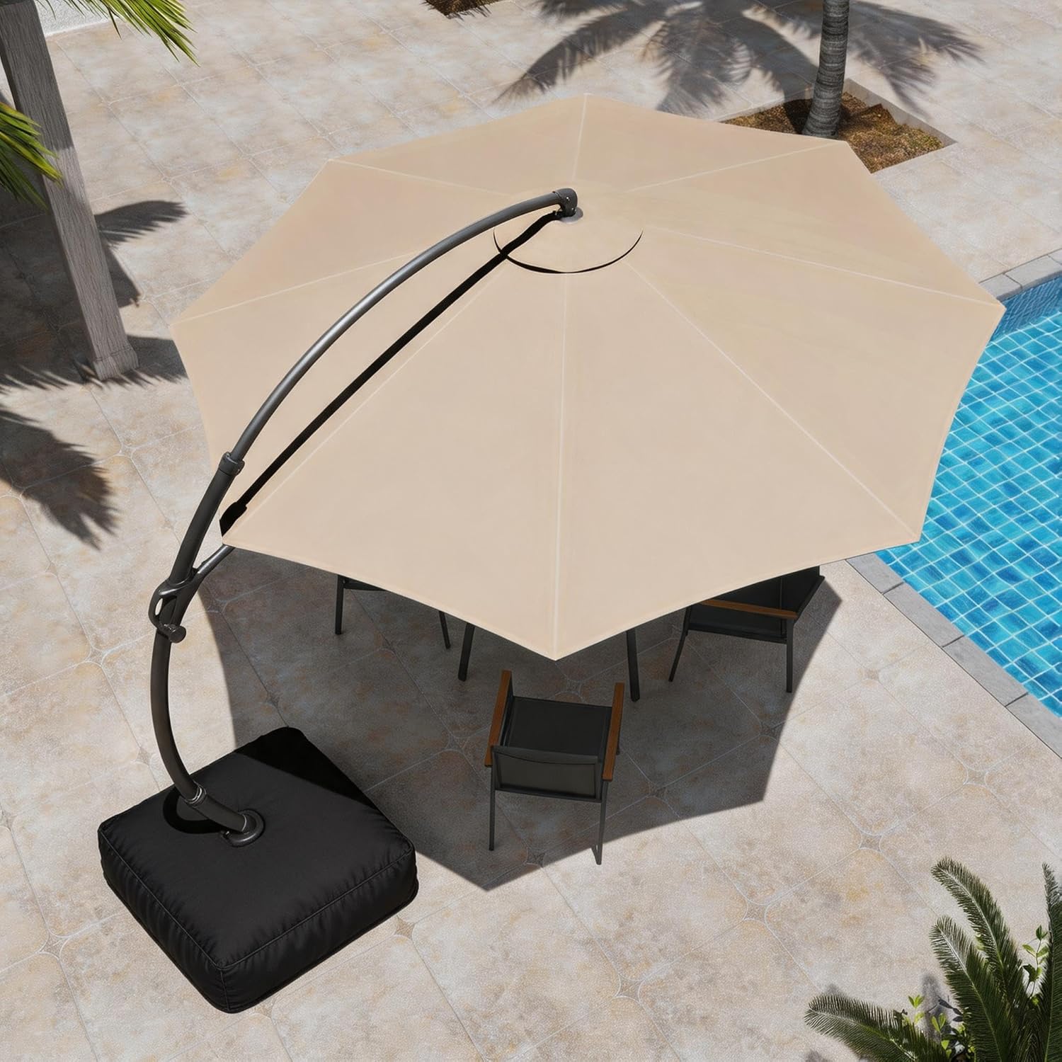 [Color] cantilever patio umbrella with metal frame and weighted base, shown from [angle] view in outdoor setting — view 5b
