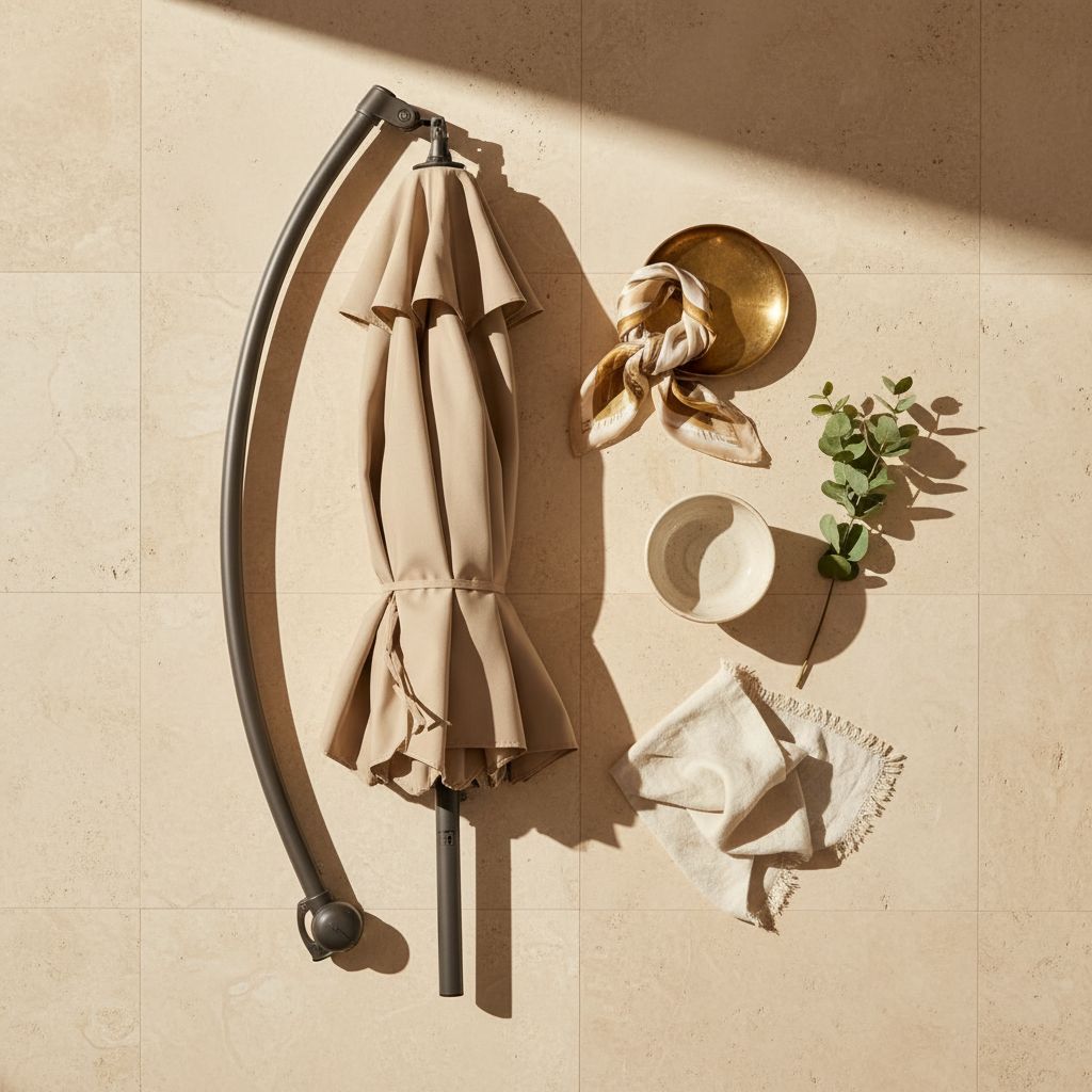 [Color] cantilever patio umbrella with metal frame and weighted base, shown from [angle] view in outdoor setting — hero view 2