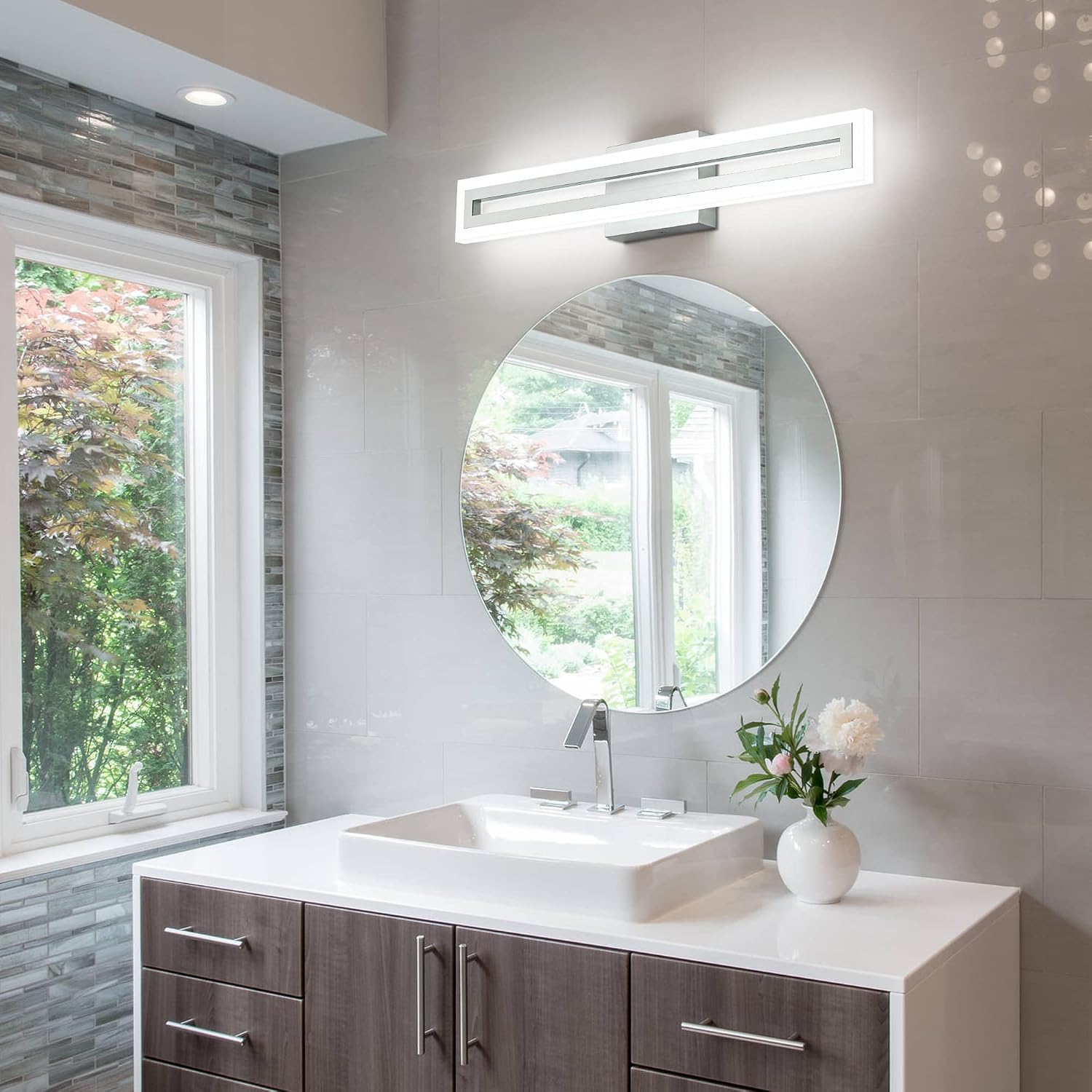 Brushed nickel LED vanity light fixture mounted above bathroom mirror, modern minimalist design with cool-tone lighting — view 4