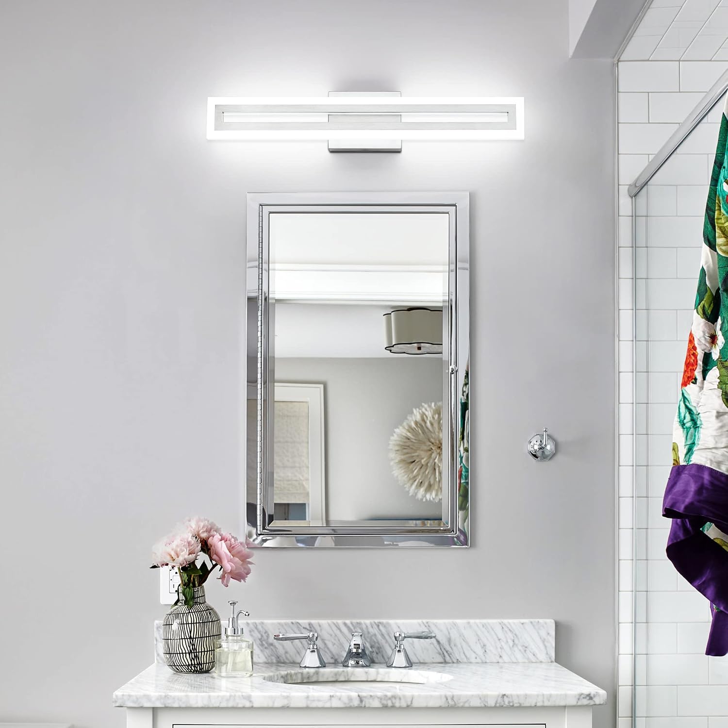 Brushed nickel LED vanity light fixture mounted above bathroom mirror, modern minimalist design with cool-tone lighting — view 5
